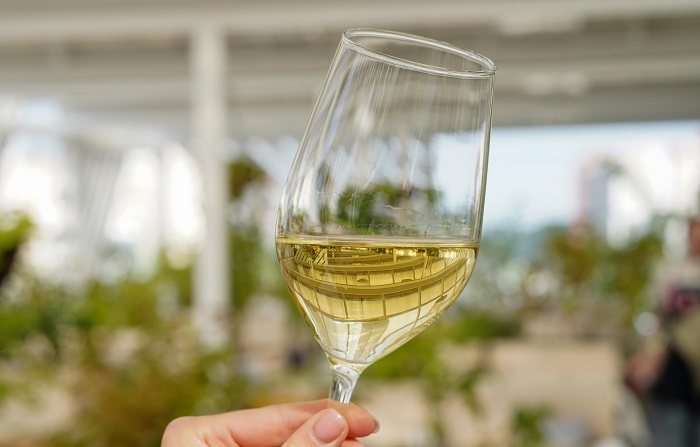 woman holding a glass of chardonnay wine