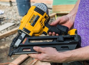 Close-up of battery powered dewalt nailer