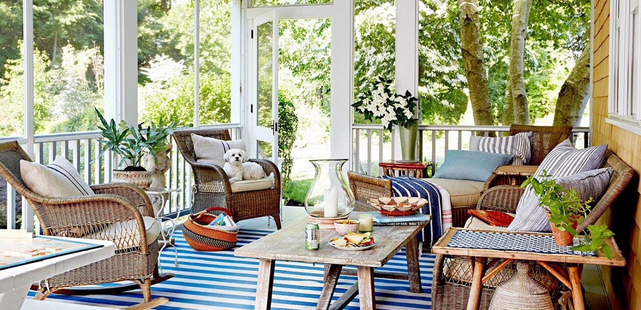 unique patio with wooden furniture