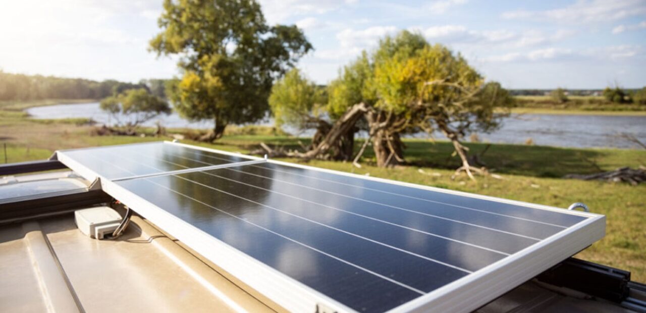 A solar panel on the roof of a camper van parked in nature. Sunny day with trees and a river in the background.