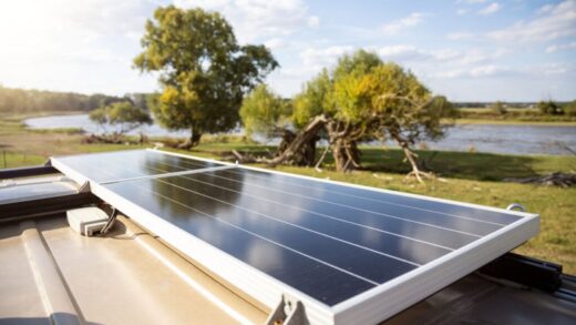 A solar panel on the roof of a camper van parked in nature. Sunny day with trees and a river in the background.