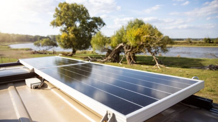 A solar panel on the roof of a camper van parked in nature. Sunny day with trees and a river in the background.